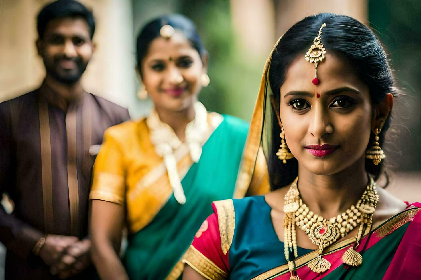 une femme dans traditionnel Indien tenue avec sa mari et deux les enfants. généré par ai photo