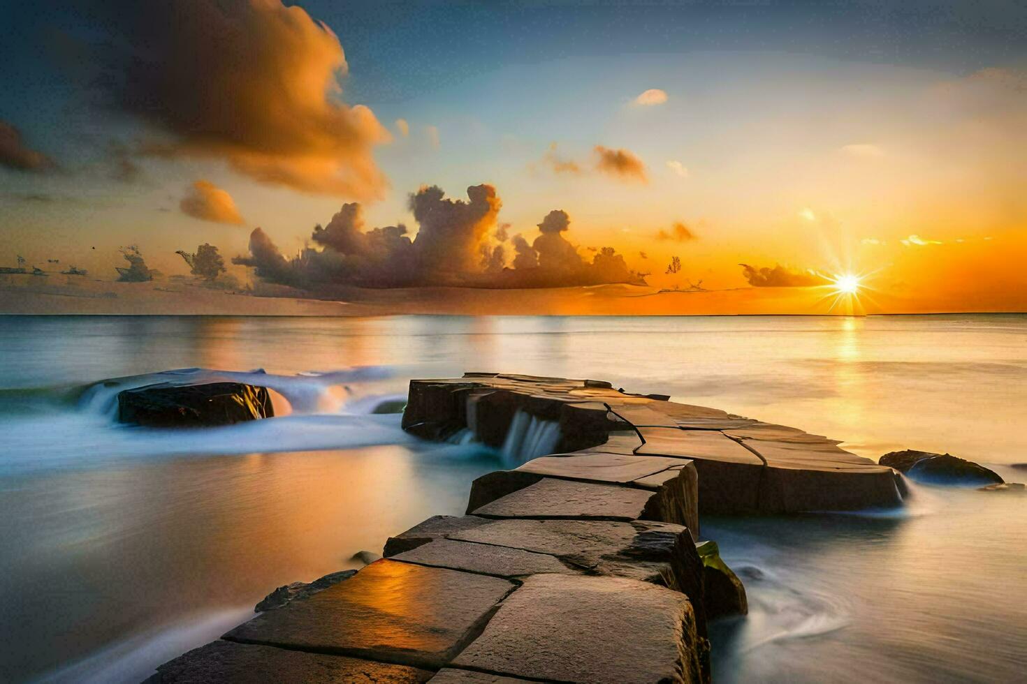 le Soleil ensembles plus de le océan comme une pierre passerelle pistes à le l'eau. généré par ai photo