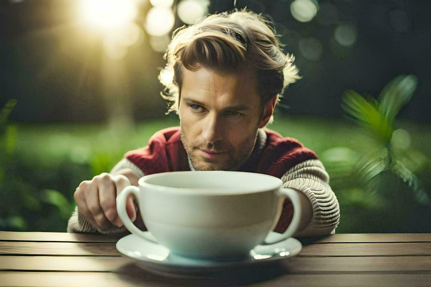 une homme est séance à une table avec une tasse de café. généré par ai photo