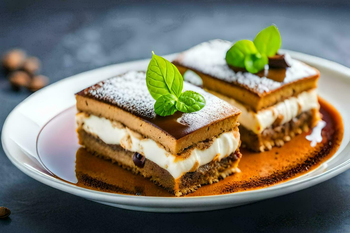 deux pièces de dessert sur une plaque. généré par ai photo