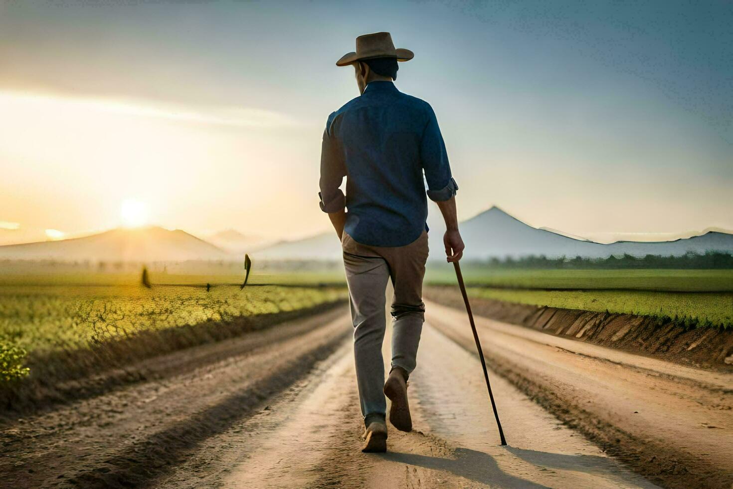 une homme en marchant sur une saleté route avec une canne. généré par ai photo