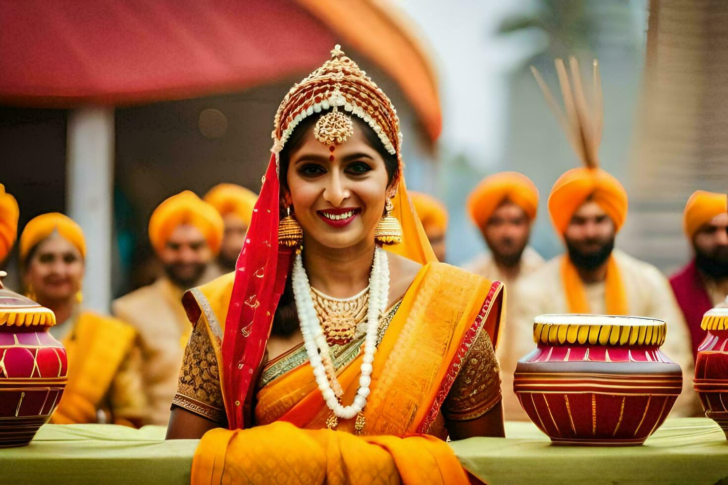 une magnifique la mariée dans traditionnel Indien tenue. généré par ai photo