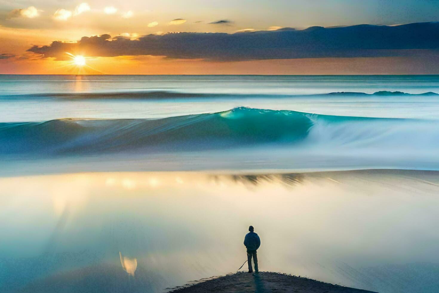 le homme des stands sur le bord de le océan à le coucher du soleil. généré par ai photo