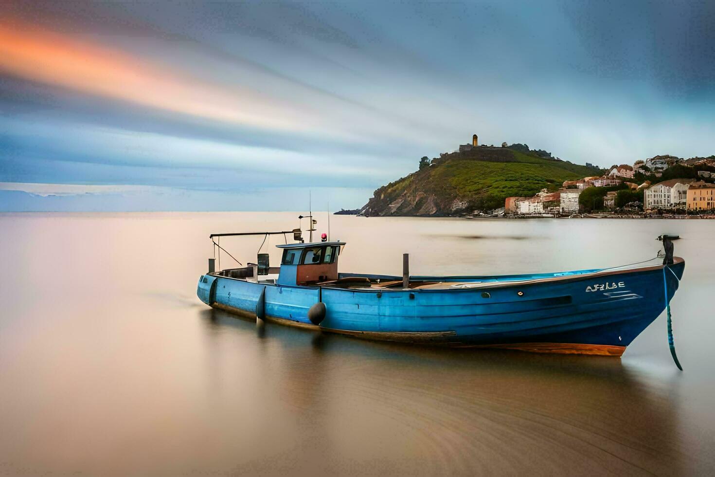 une bleu bateau est assis sur le l'eau à le coucher du soleil. généré par ai photo