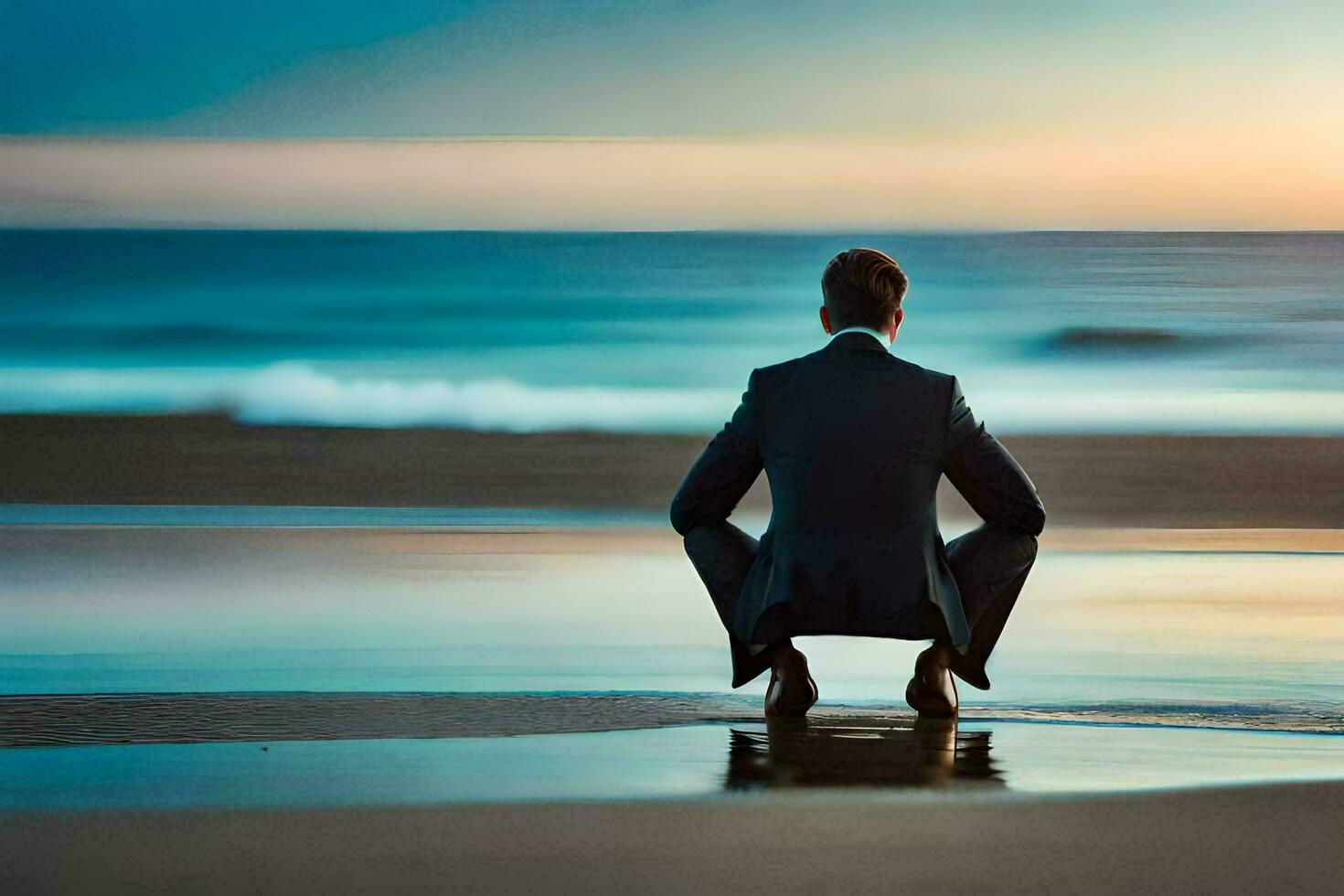 une homme dans une costume est assis sur le plage à le coucher du soleil. généré par ai photo