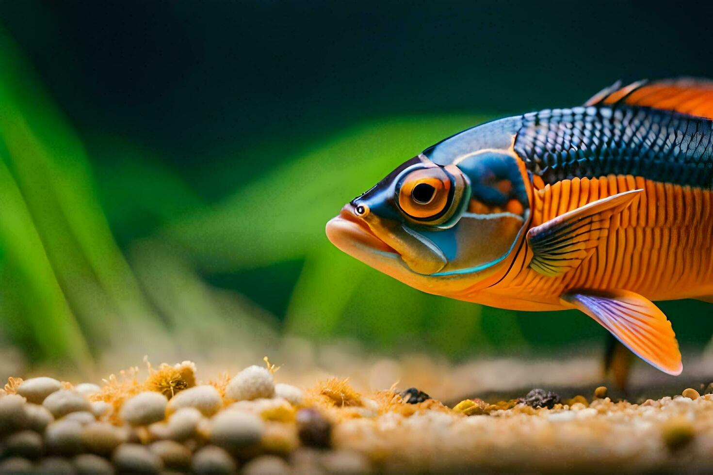 un Orange poisson avec bleu yeux dans un aquarium. généré par ai photo