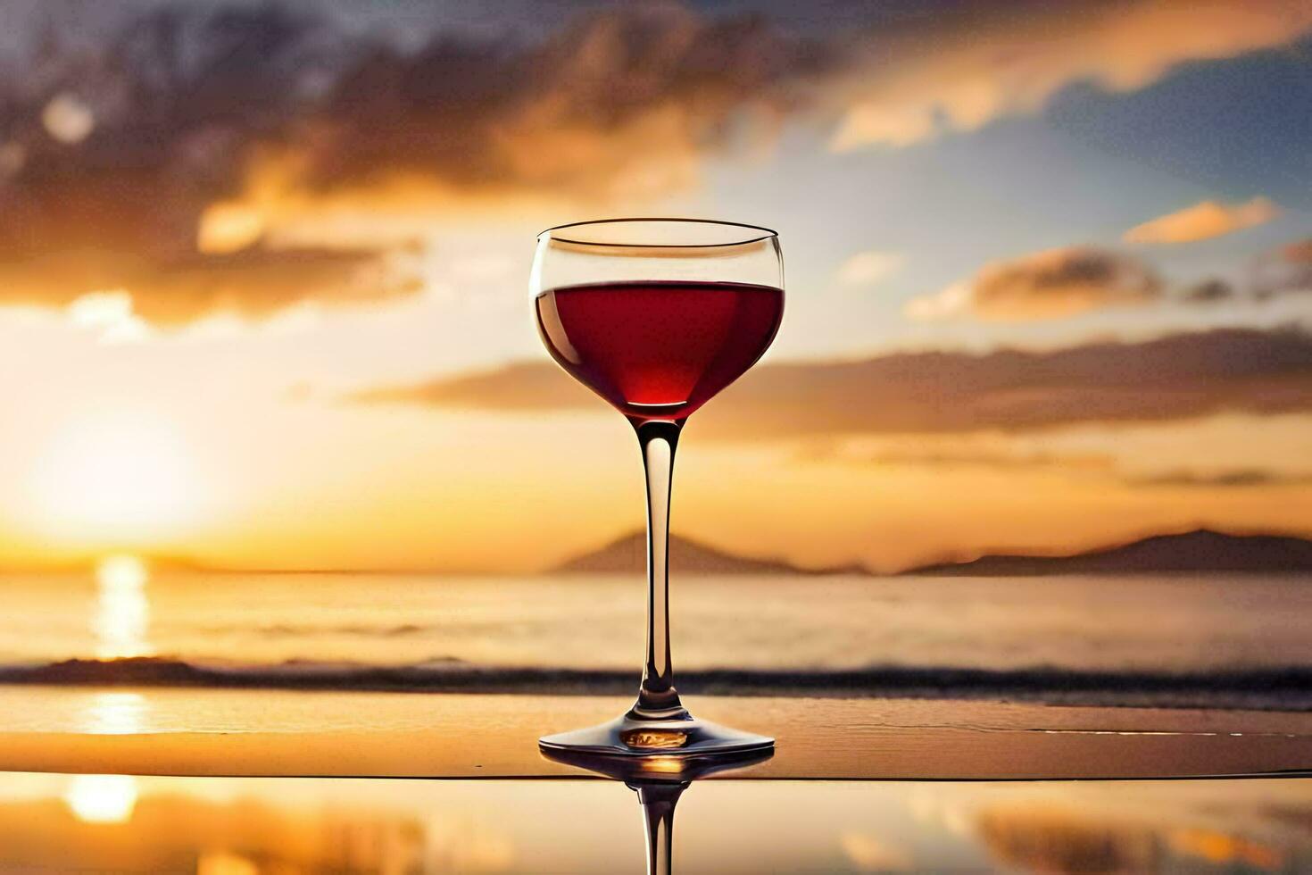 une verre de rouge du vin sur le plage à le coucher du soleil. généré par ai photo