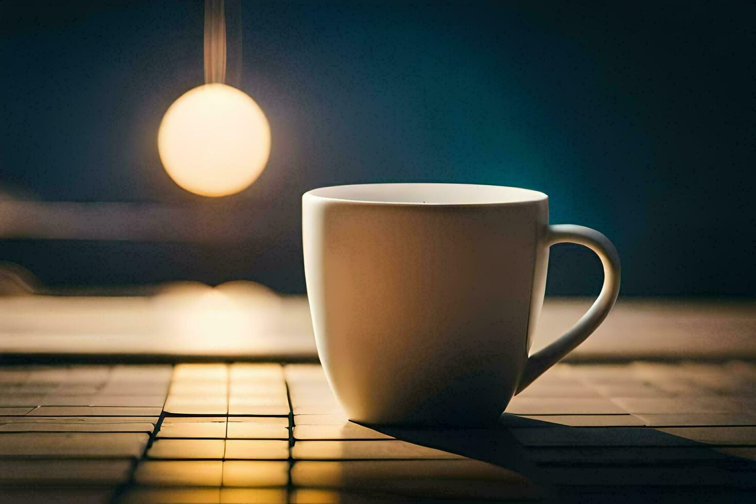 une café tasse est assis sur une table dans de face de une lumière ampoule. généré par ai photo