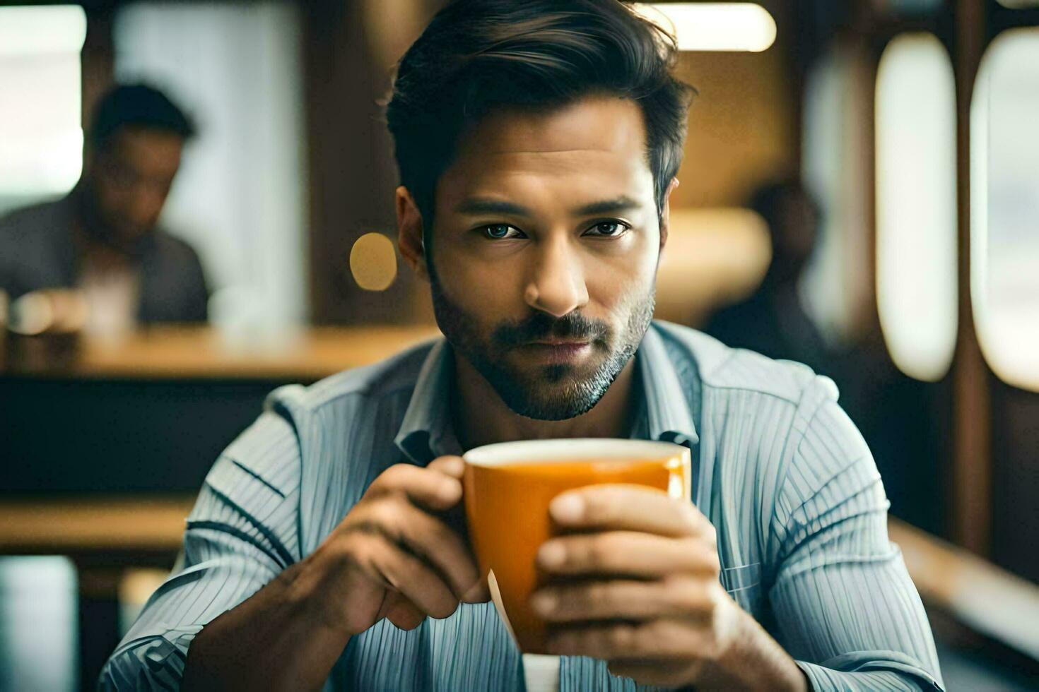 une homme en portant une café tasse dans le sien main. généré par ai photo