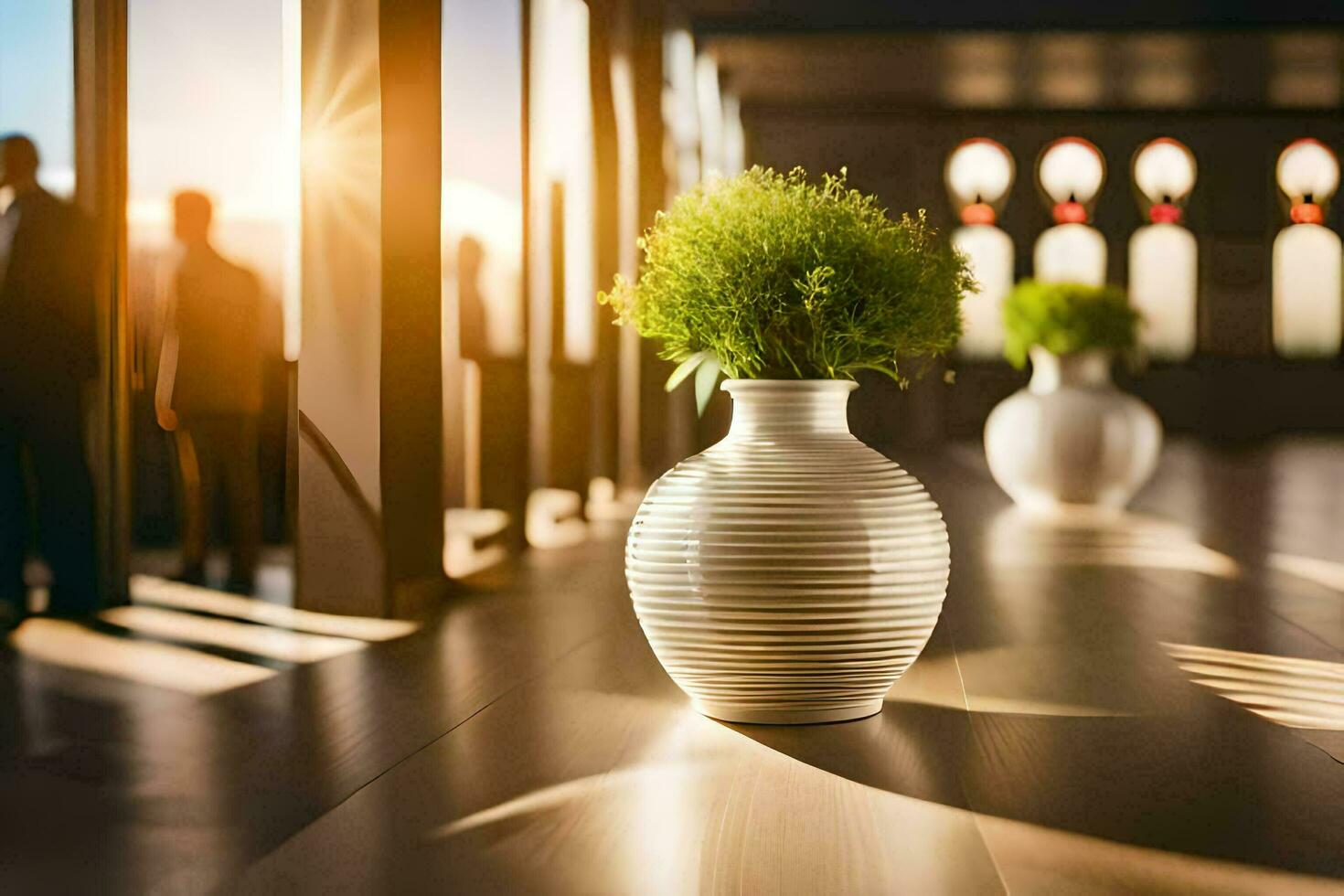 une vase avec les plantes dans de face de une grand la fenêtre. généré par ai photo