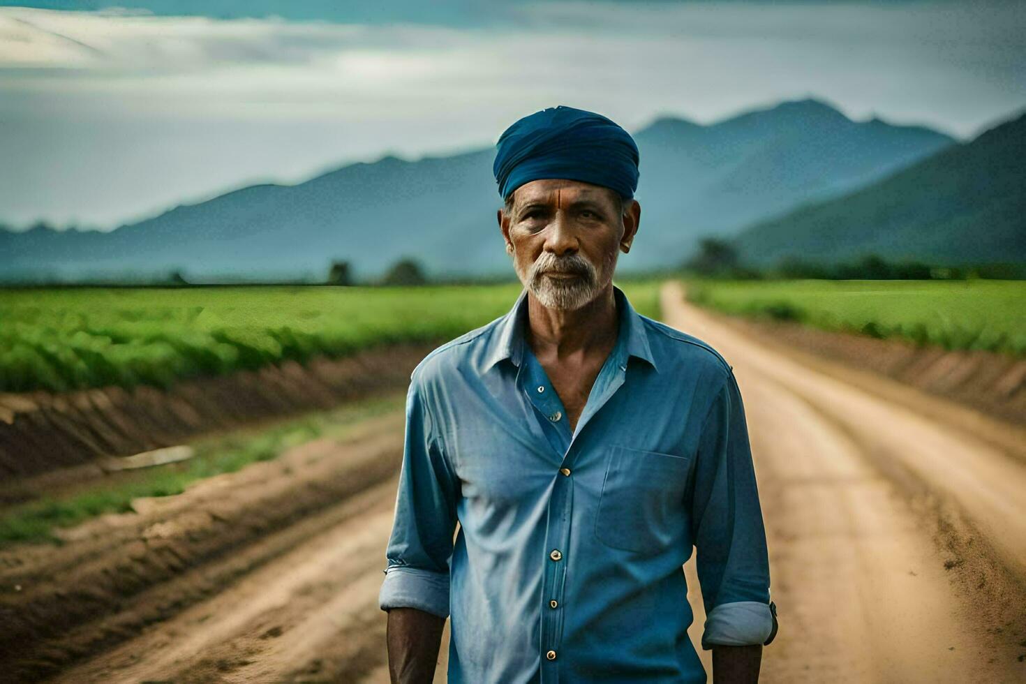 un vieux homme permanent dans une saleté route avec montagnes dans le Contexte. généré par ai photo