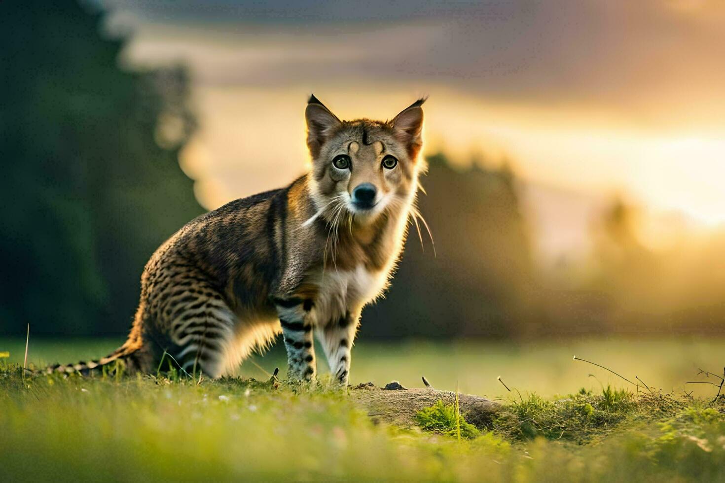 une rayé chat est permanent dans le herbe. généré par ai photo