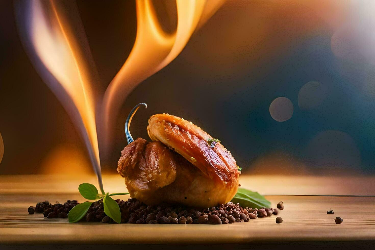 une pièce de Viande sur une en bois table avec fumée à venir en dehors de il. généré par ai photo