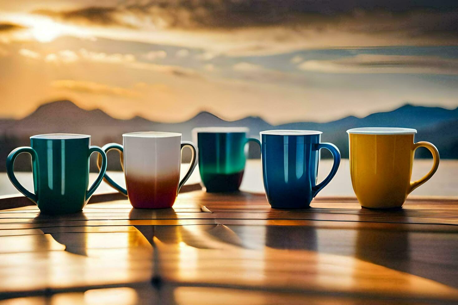 cinq café tasses sur une en bois table avec le Soleil réglage derrière eux. généré par ai photo