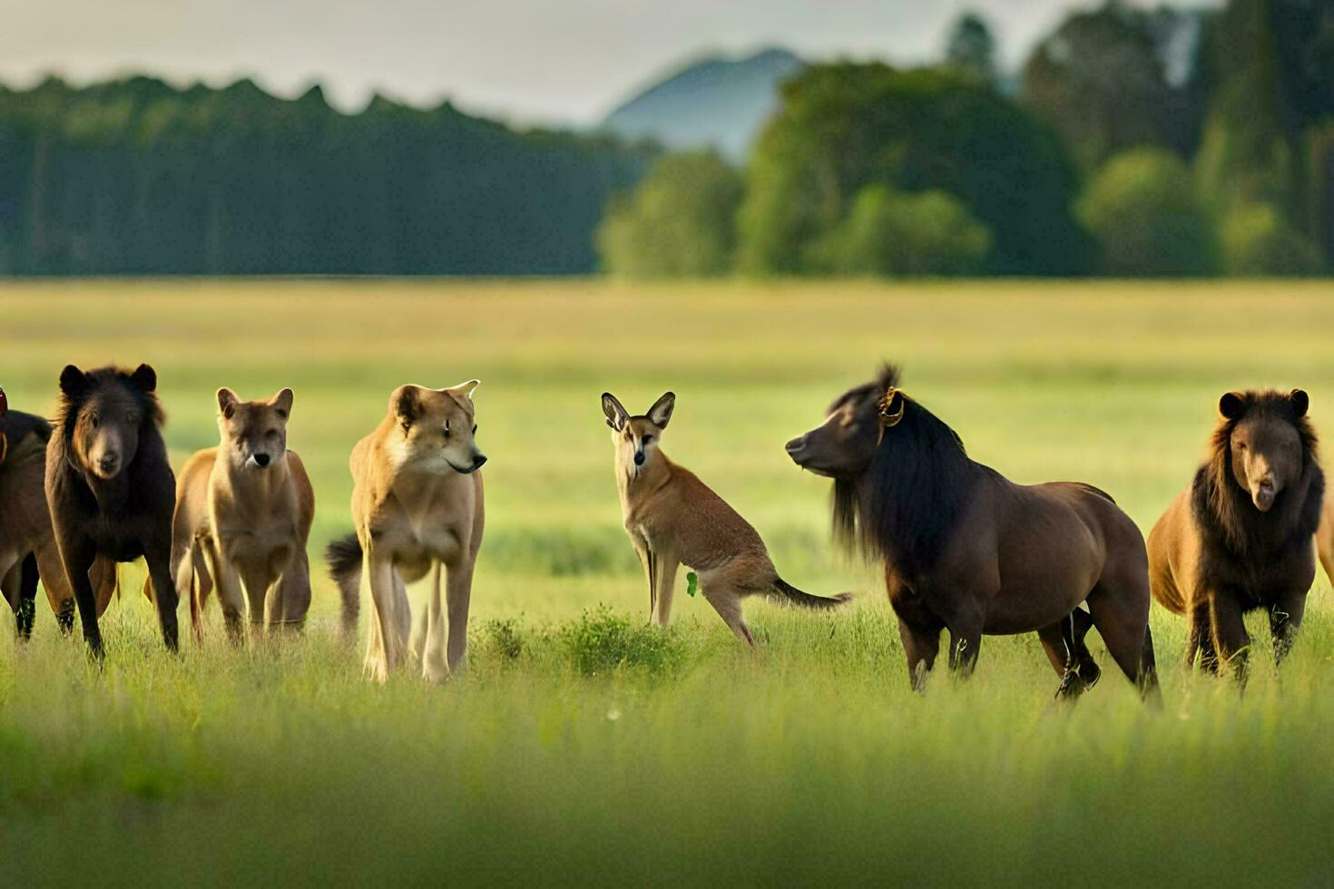 une groupe de les Lions et cerf sont permanent dans une champ. généré par ai photo