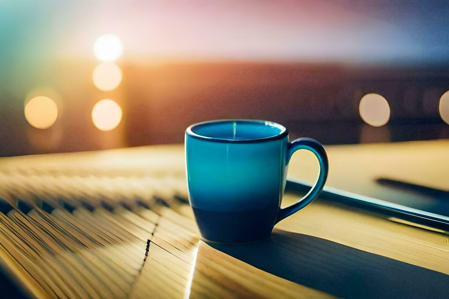 une bleu café tasse séance sur une table avec une portable. généré par ai photo