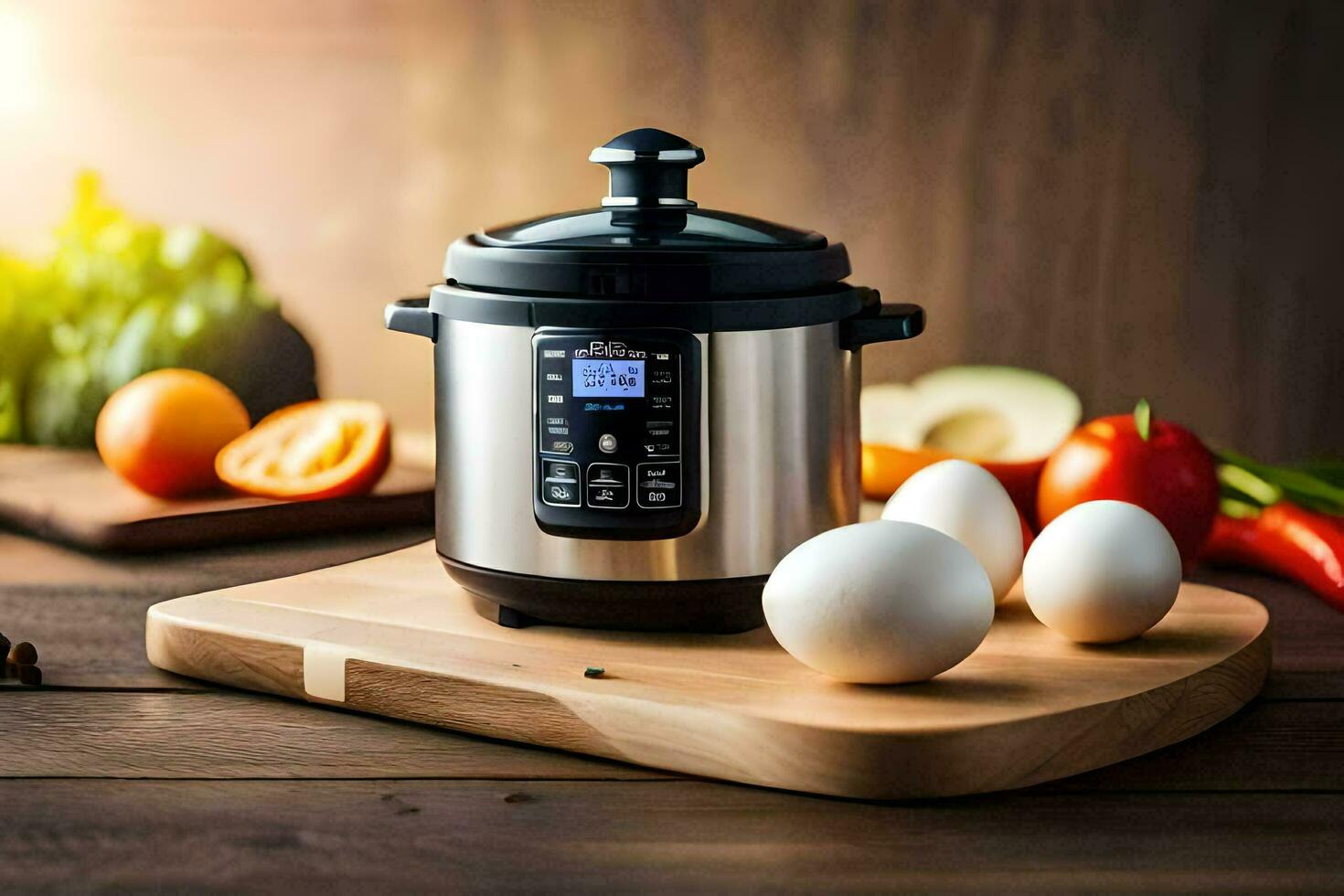 un électrique pression cuisinier avec des œufs et des légumes. généré par ai photo