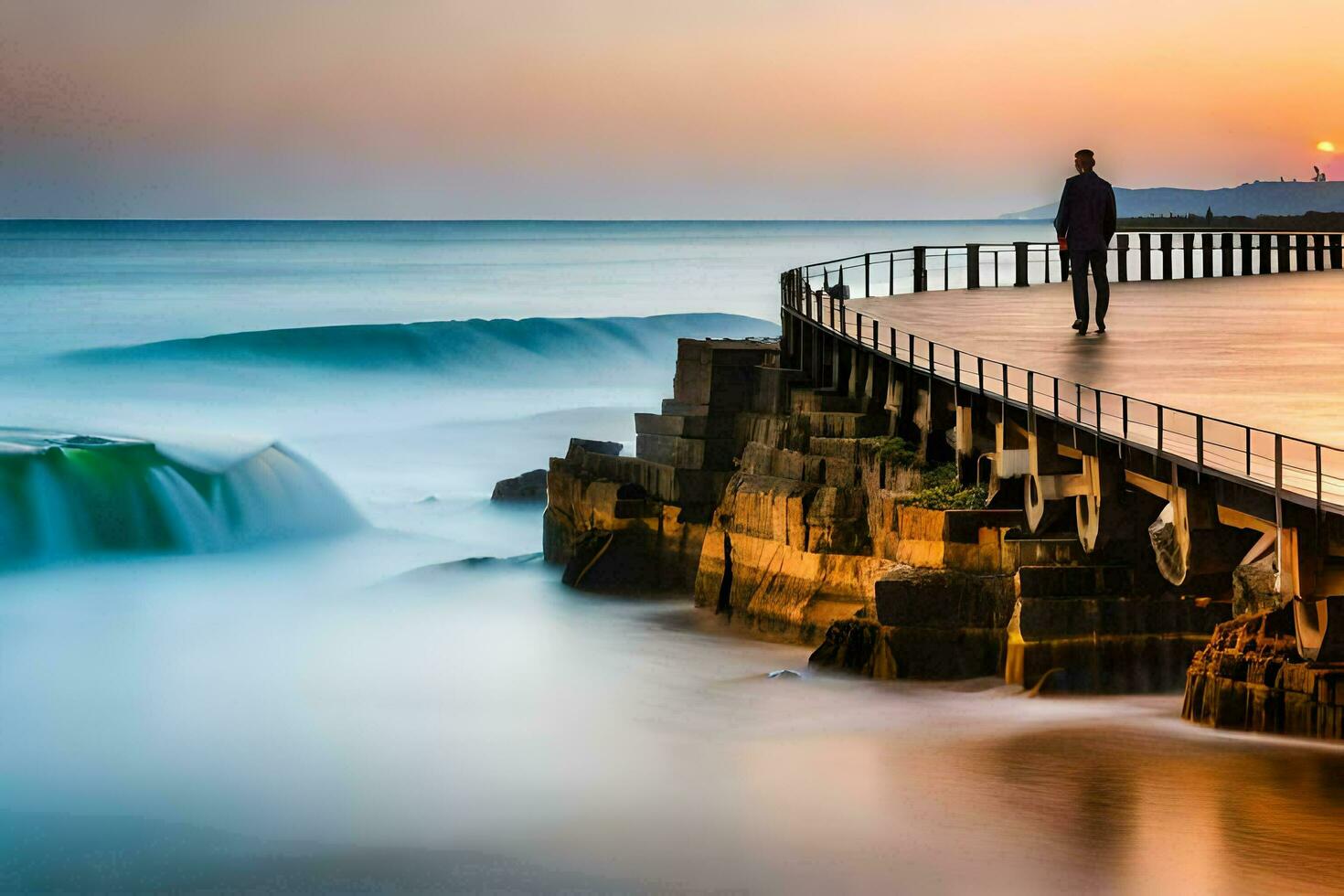 une homme des stands sur une jetée à la recherche à le océan à le coucher du soleil. généré par ai photo