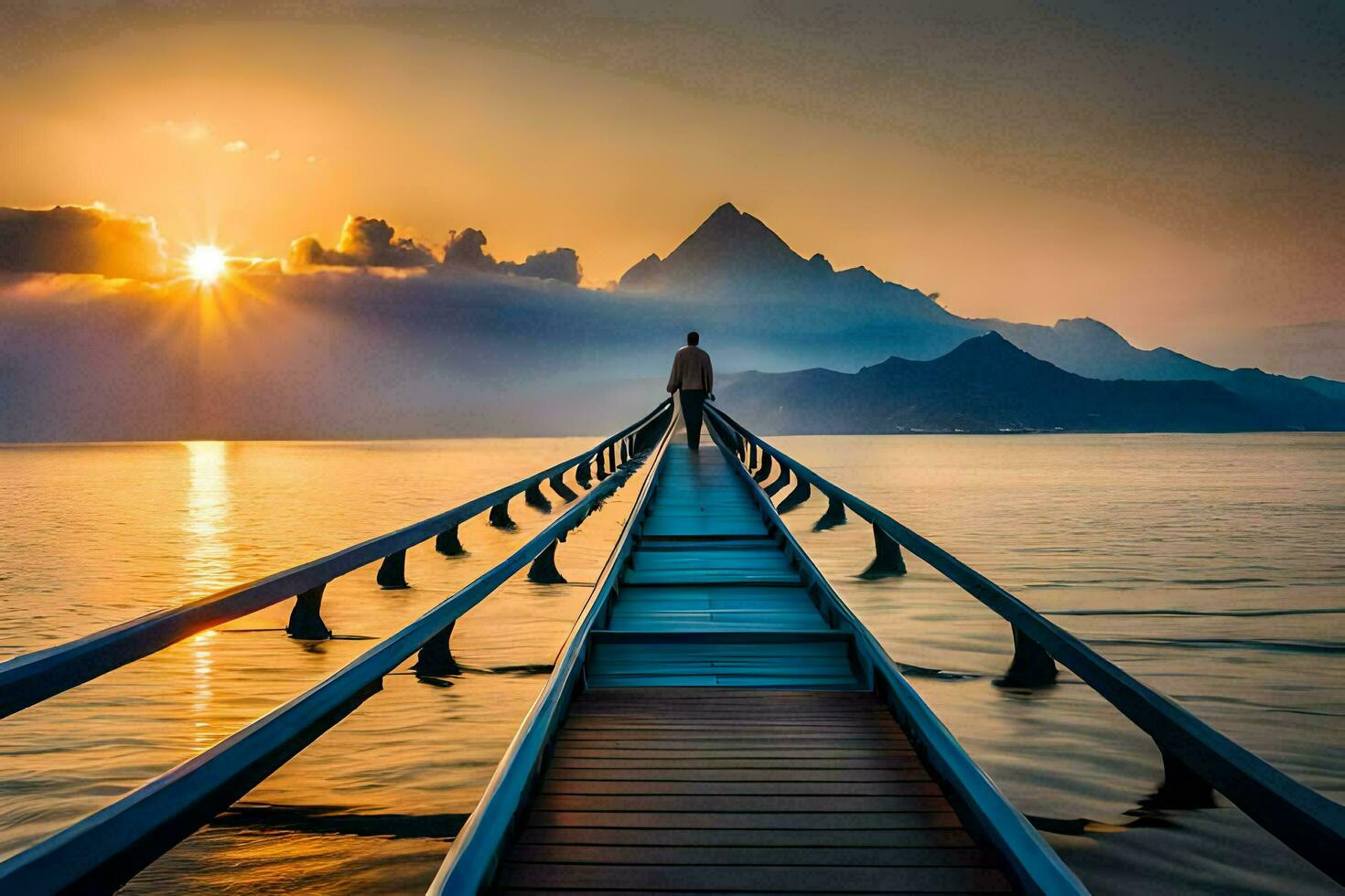 une homme des stands sur une pont plus de l'eau à le coucher du soleil. généré par ai photo