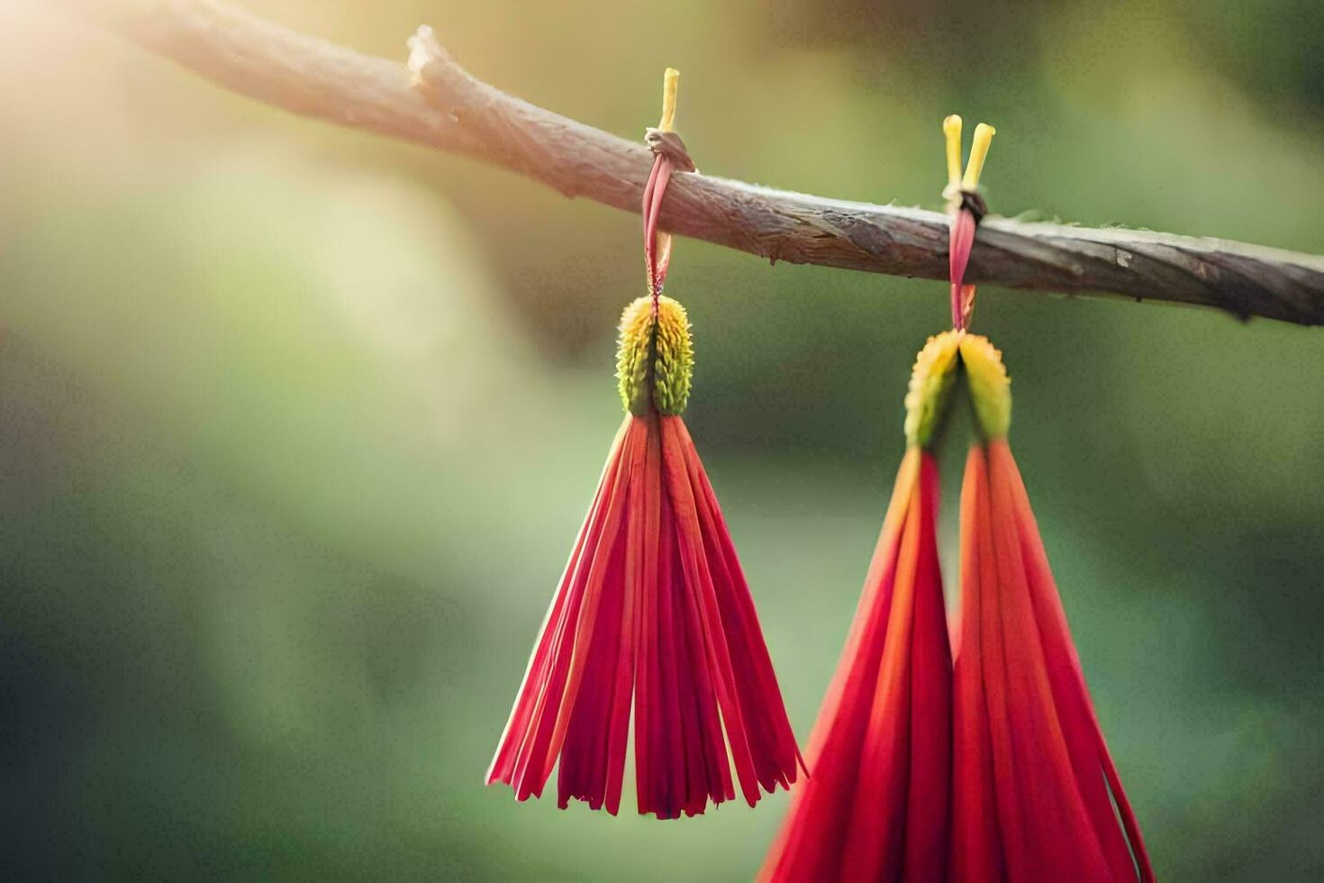 rouge pompons pendaison de une branche. généré par ai photo