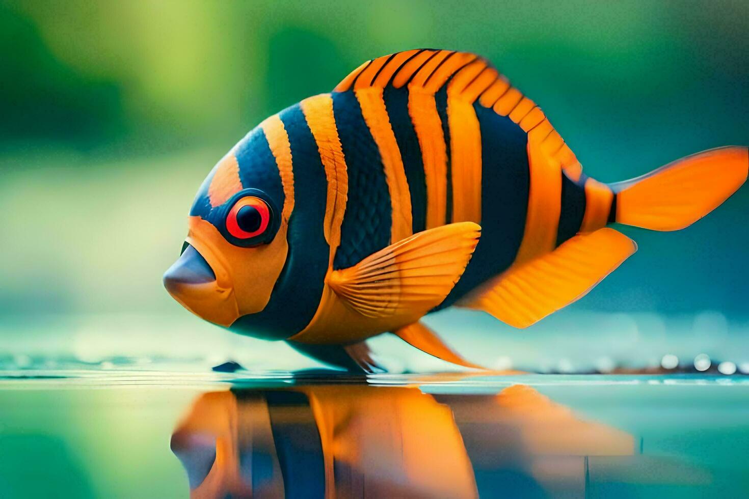 une poisson avec Orange et noir rayures est nager dans le l'eau. généré par ai photo