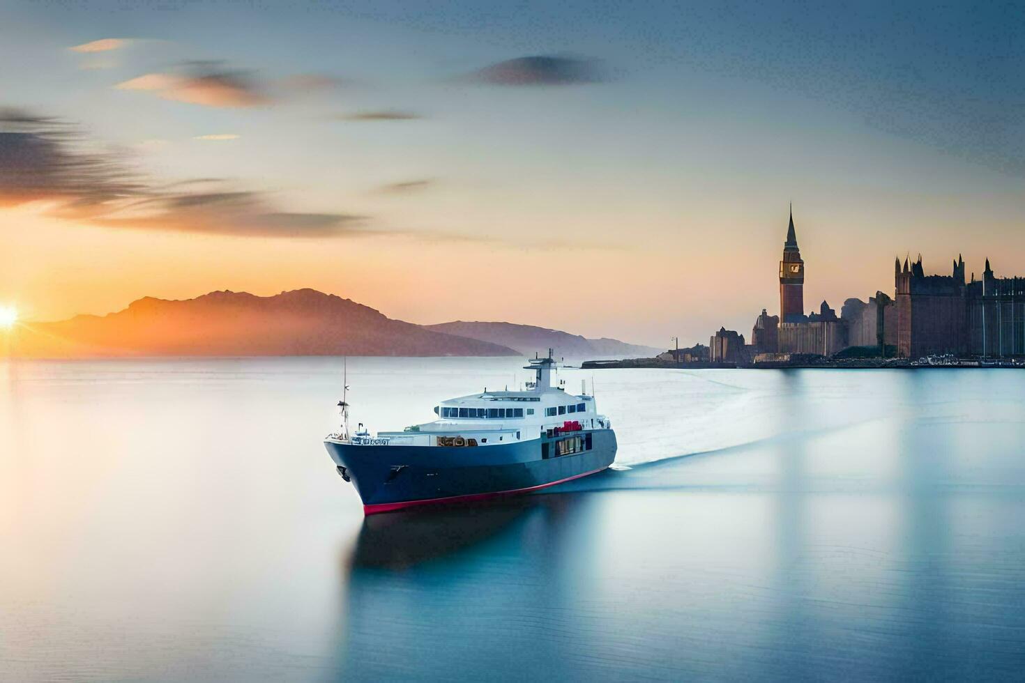 une bateau en voyageant sur le l'eau à le coucher du soleil. généré par ai photo