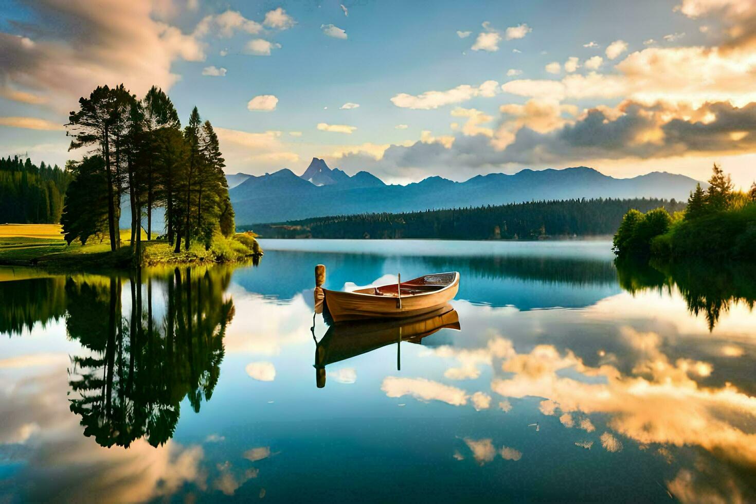 une bateau est flottant sur le calme des eaux de une lac. généré par ai photo