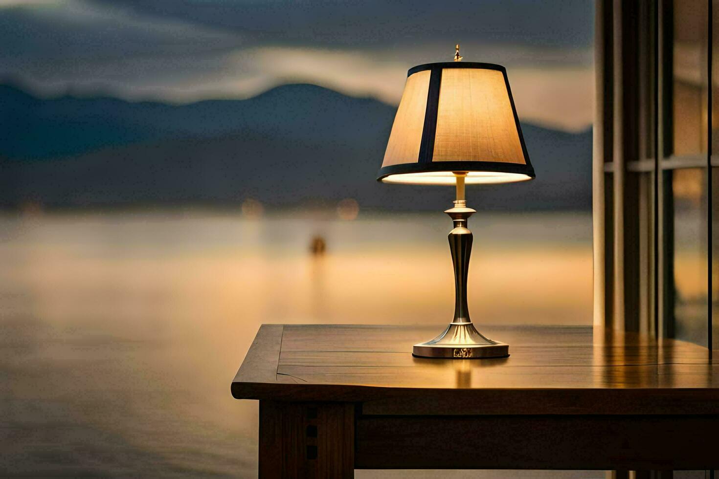 une table avec une lampe sur il près une lac. généré par ai photo