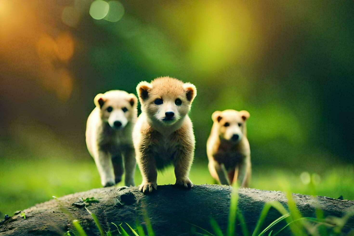 photo fond d'écran le herbe, le soleil, le des arbres, le animaux, le chiots, le chiots. généré par ai