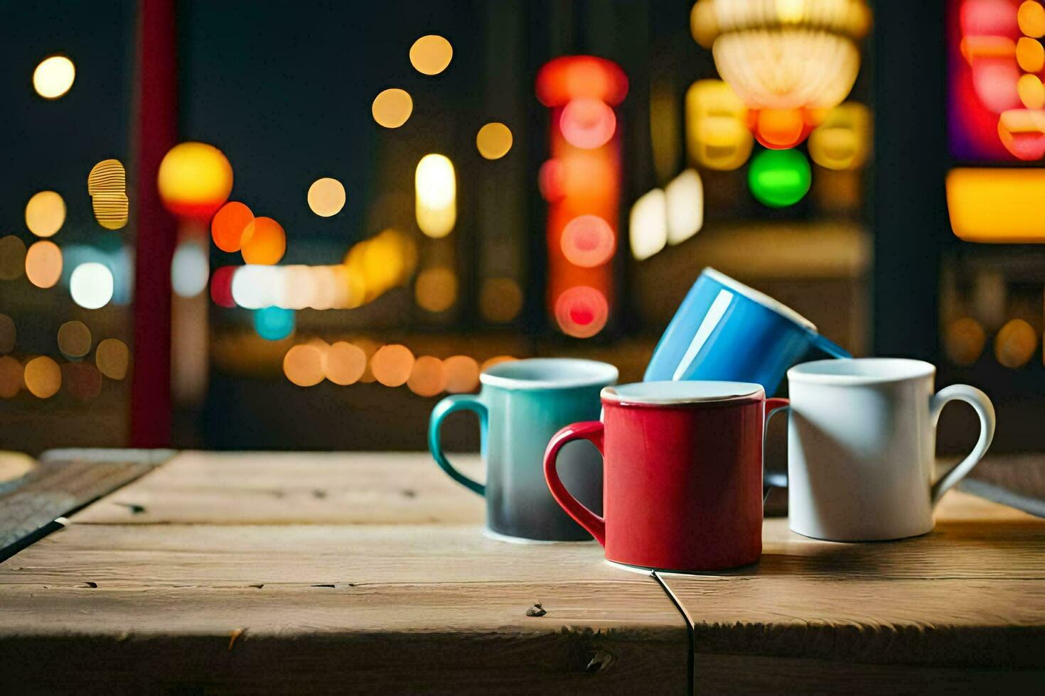 Trois café des tasses sur une table dans de face de une ville. généré par ai photo