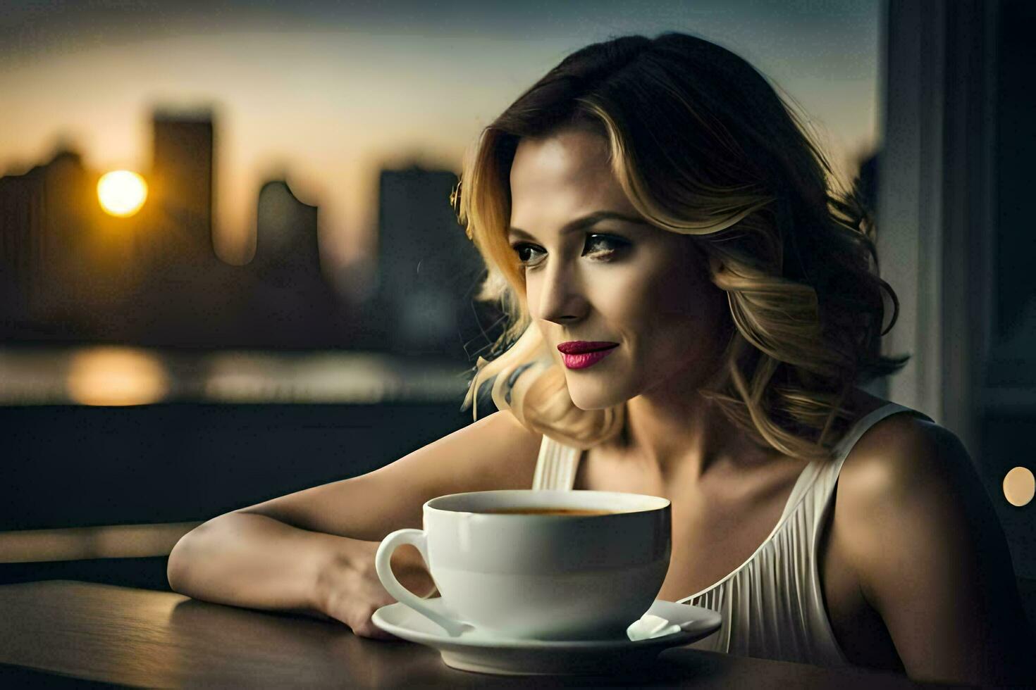 une femme séance à une table avec une tasse de café. généré par ai photo