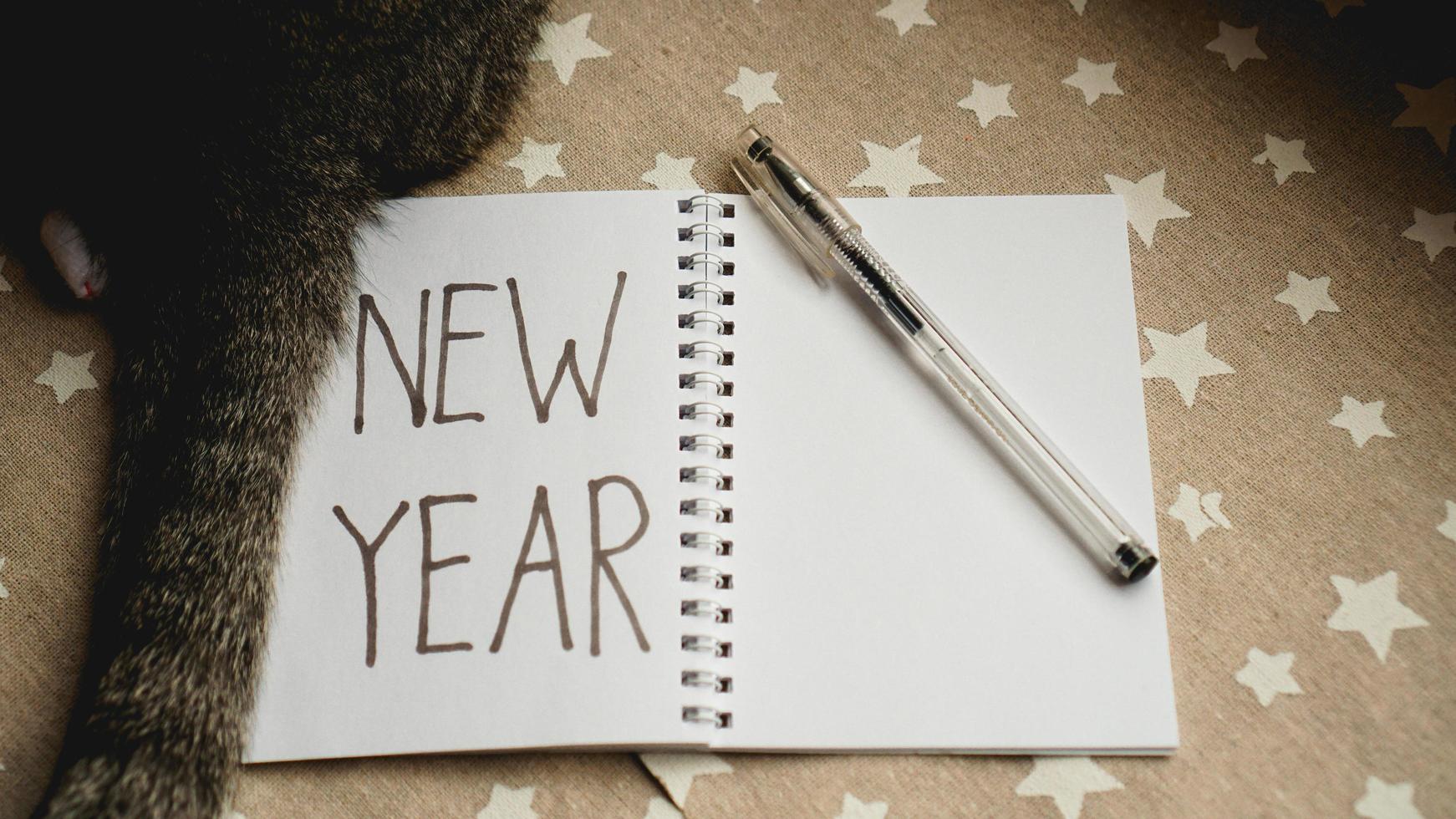 cahier avec stylo pour écrire les objectifs du nouvel an - avec chat photo