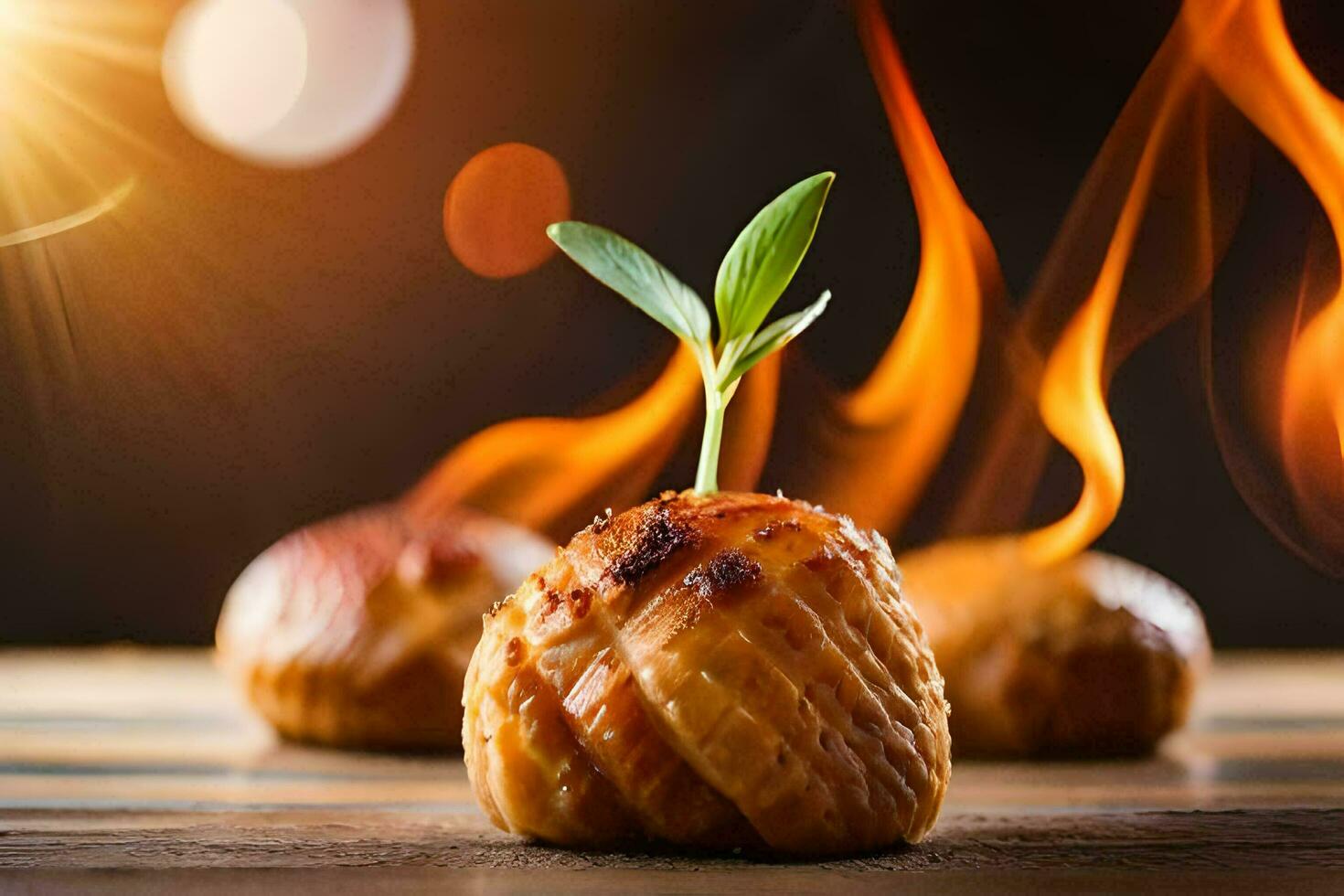 Trois petit pièces de nourriture avec une plante sur Haut. généré par ai photo