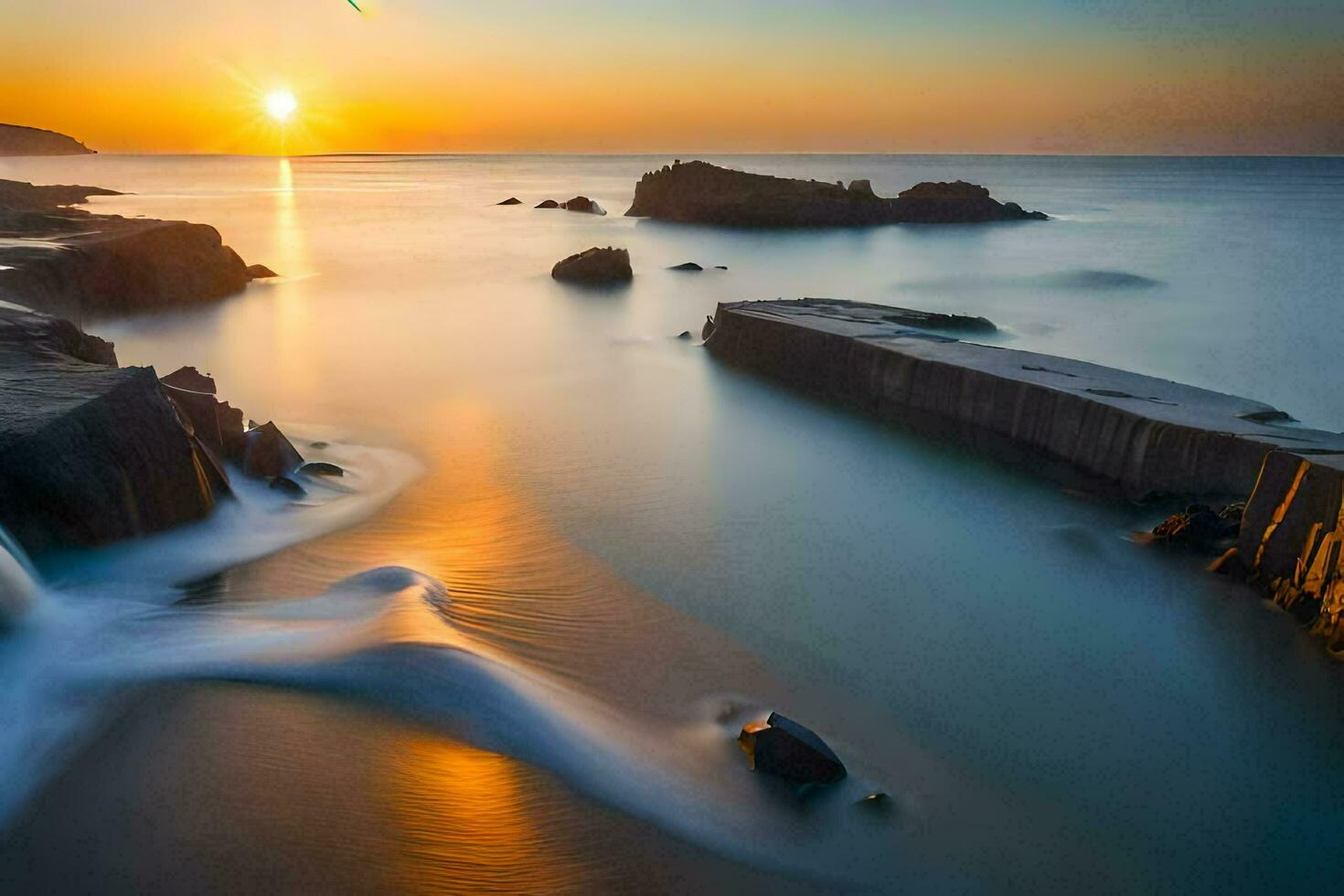 le Soleil ensembles plus de le océan et rochers. généré par ai photo