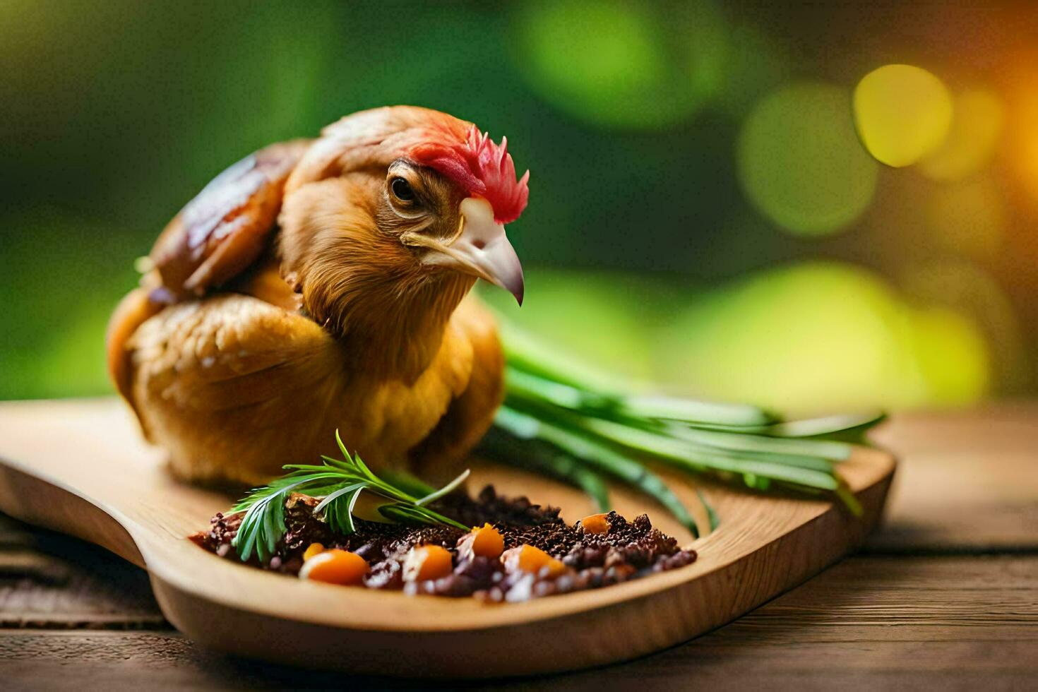 une poulet est séance sur une en bois Coupe planche avec aliments. généré par ai photo