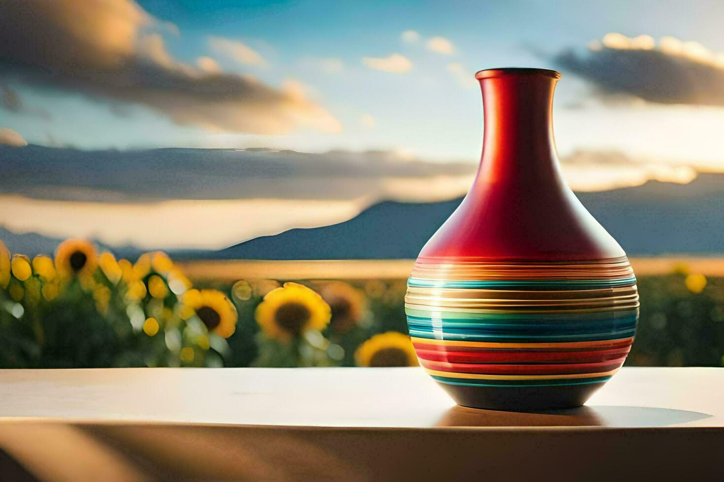 une coloré vase séance sur une table dans de face de une champ. généré par ai photo