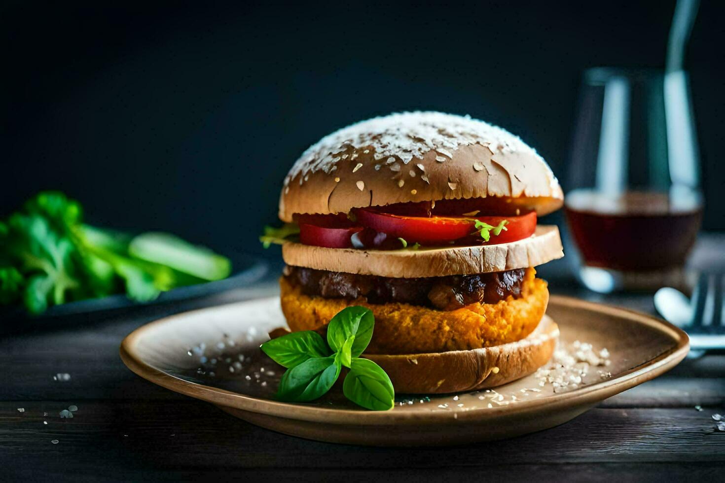 une Hamburger avec des légumes et tomates sur une plaque. généré par ai photo