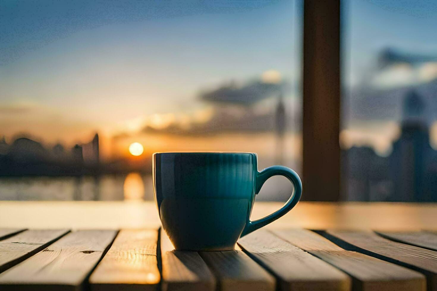 café tasse sur le table avec ville voir. généré par ai photo