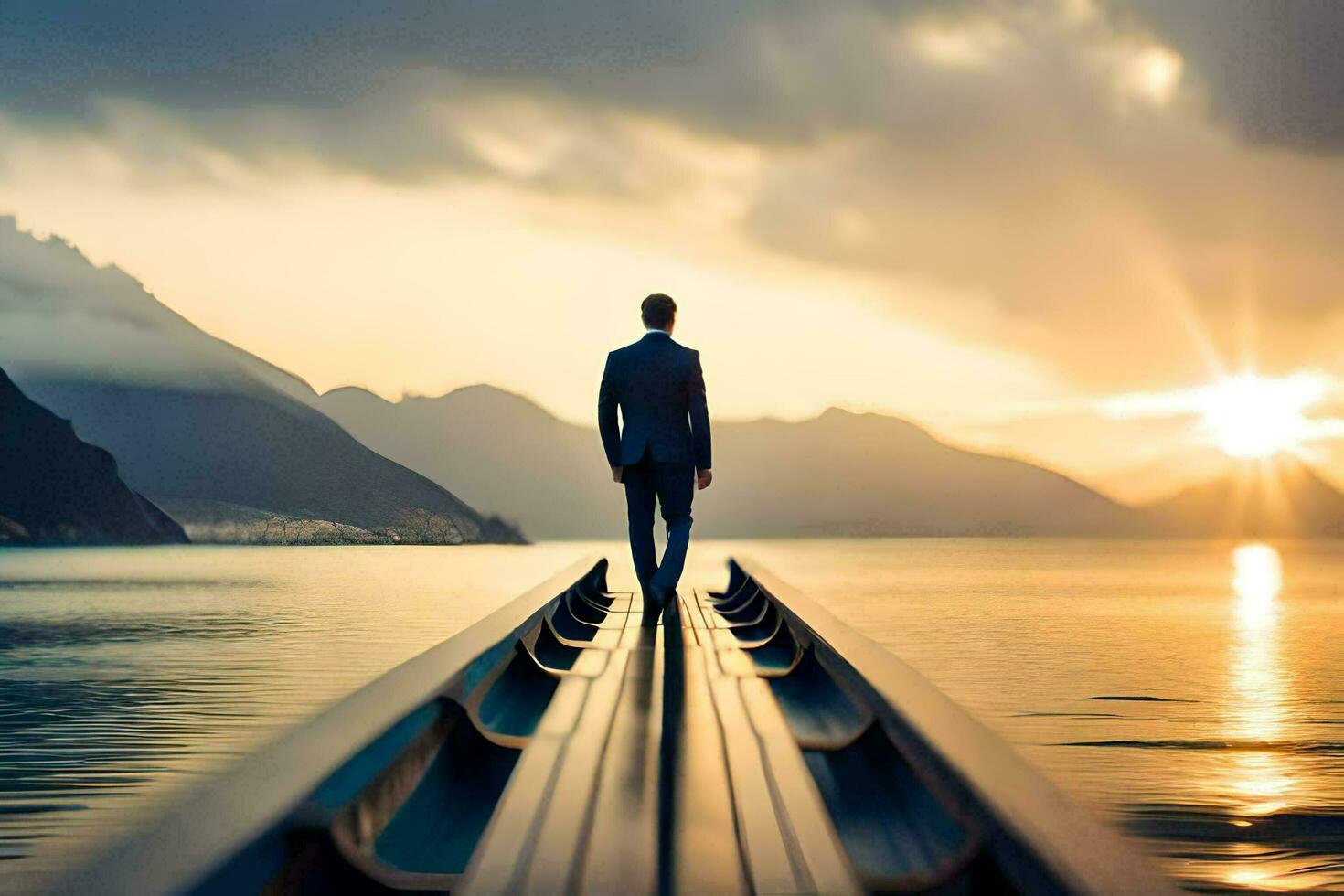 une homme dans une costume permanent sur une bateau dans le milieu de une lac. généré par ai photo