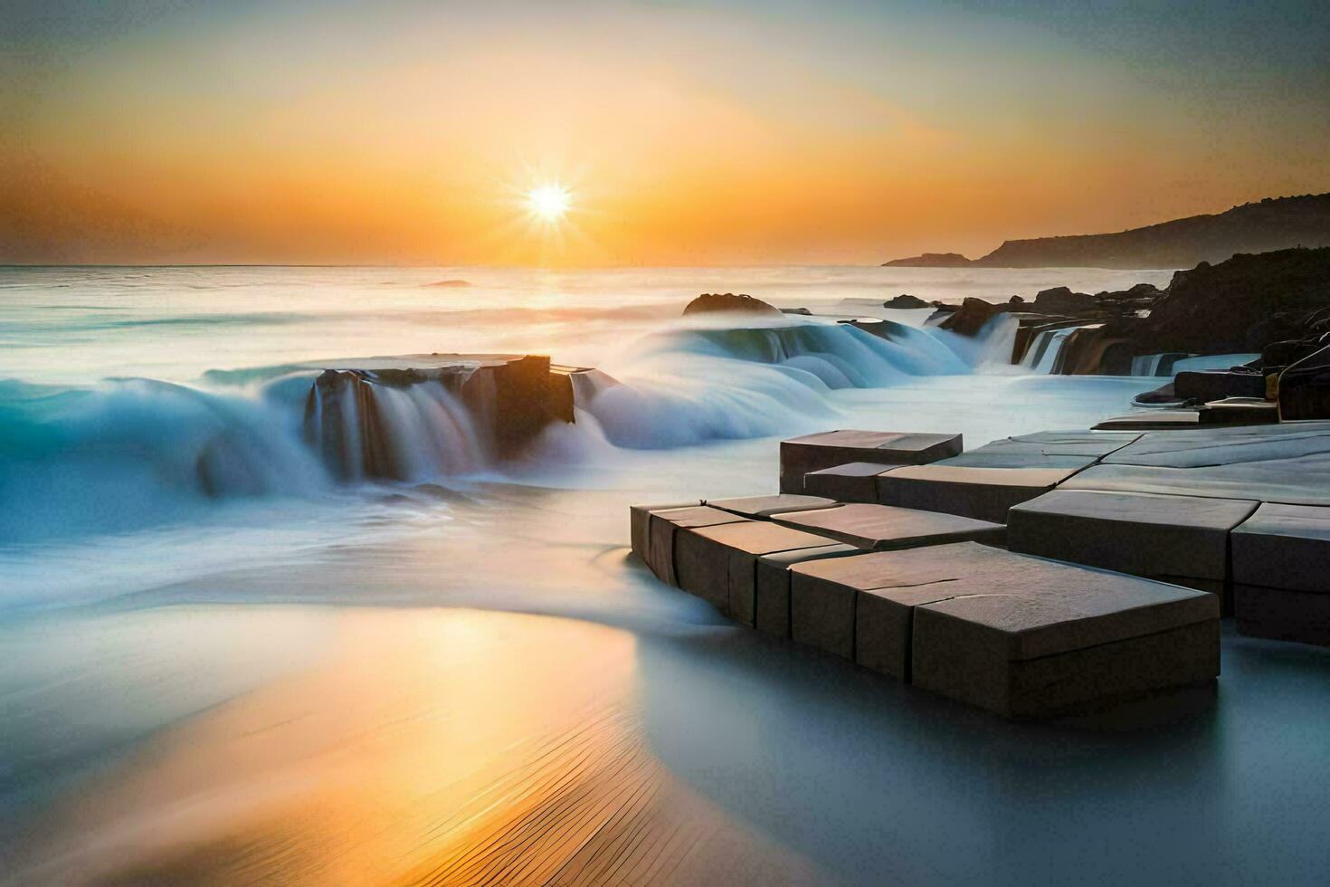 le Soleil monte plus de le vagues à le plage. généré par ai photo