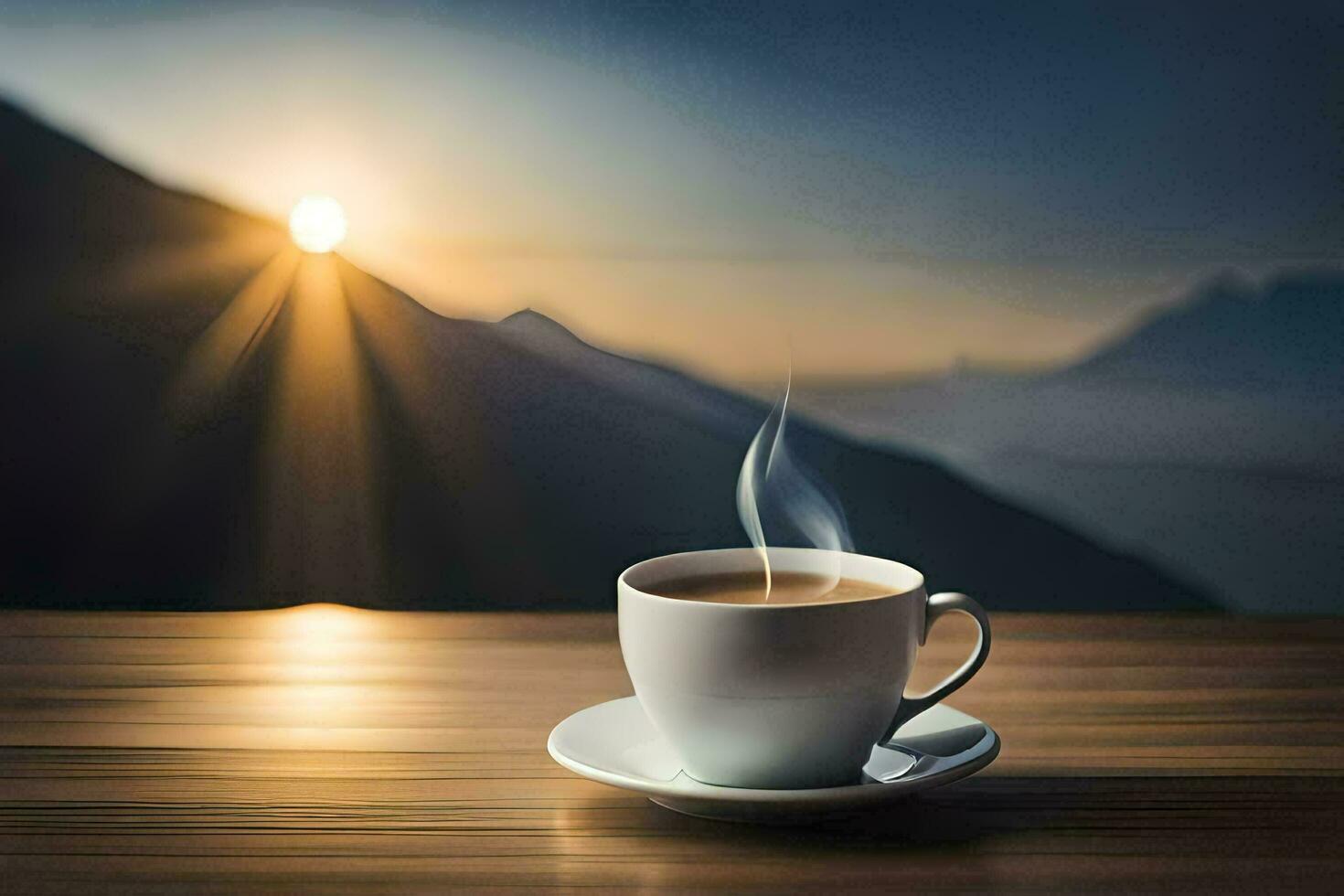 une tasse de café sur une table dans de face de une Montagne voir. généré par ai photo