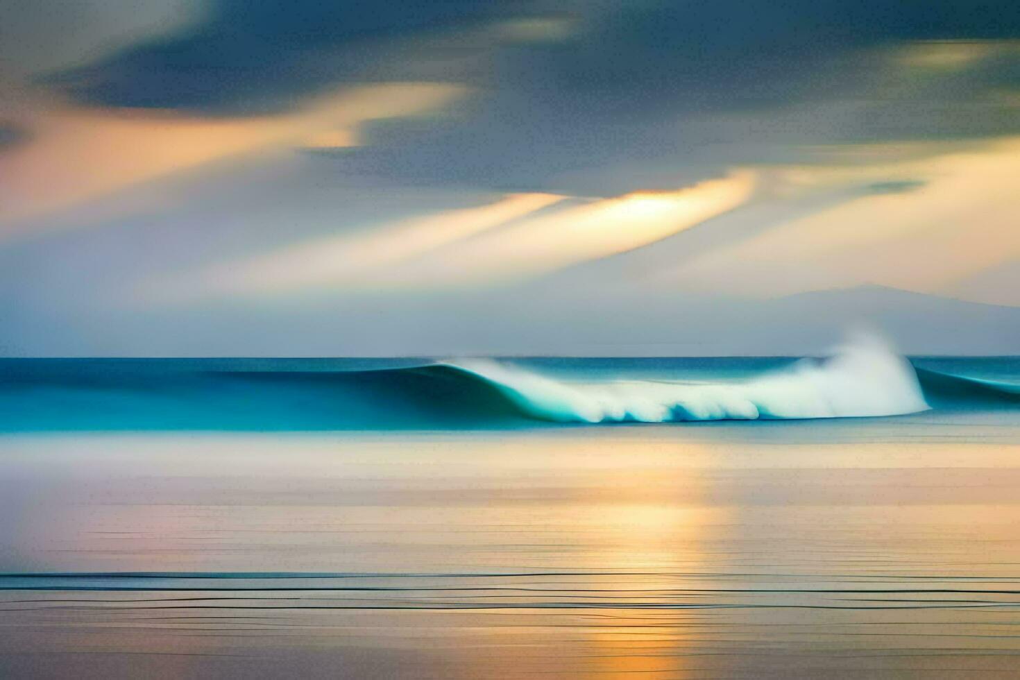 une vague pauses sur le plage à le coucher du soleil. généré par ai photo