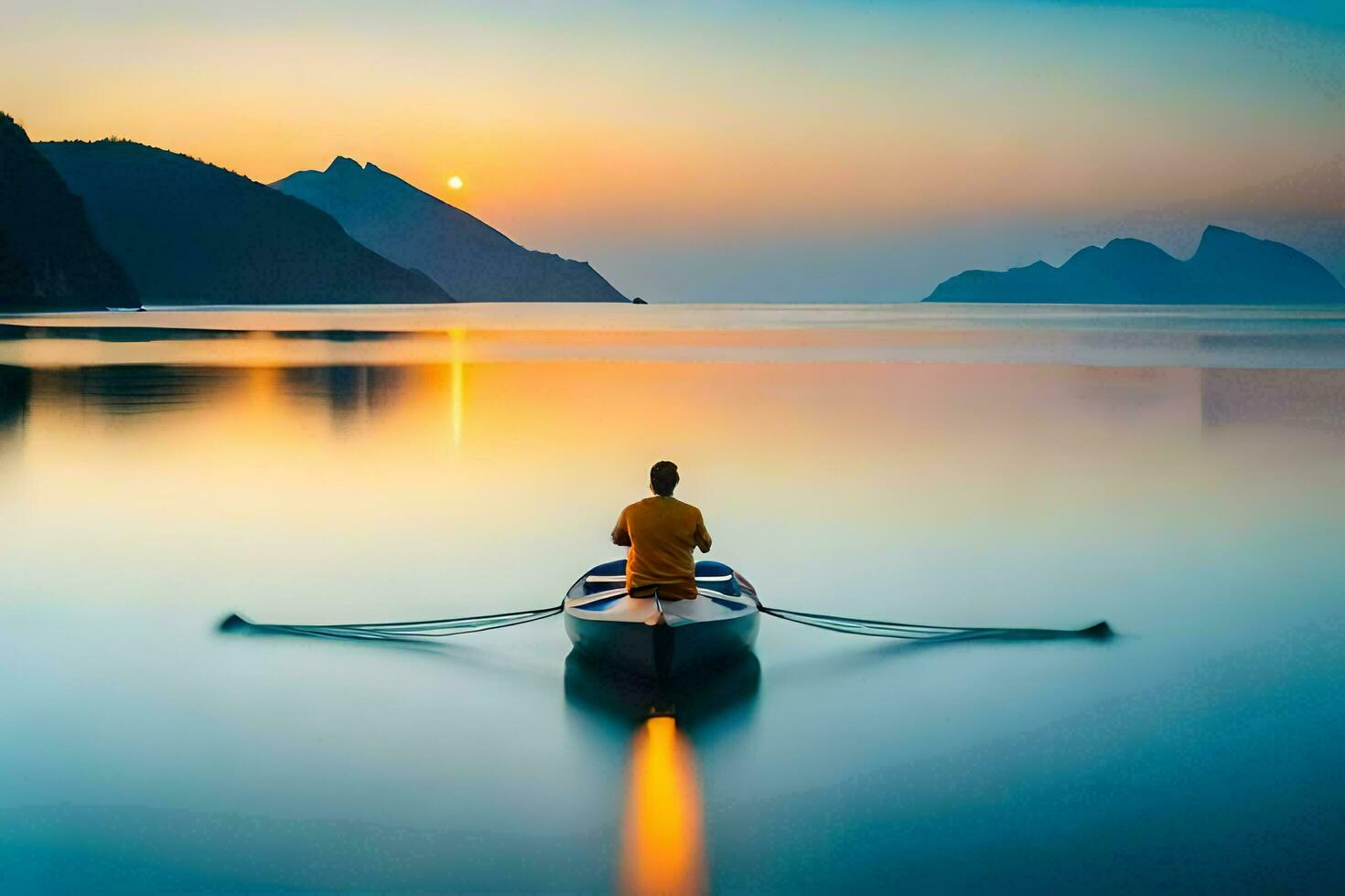 une homme dans une bateau à le coucher du soleil. généré par ai photo