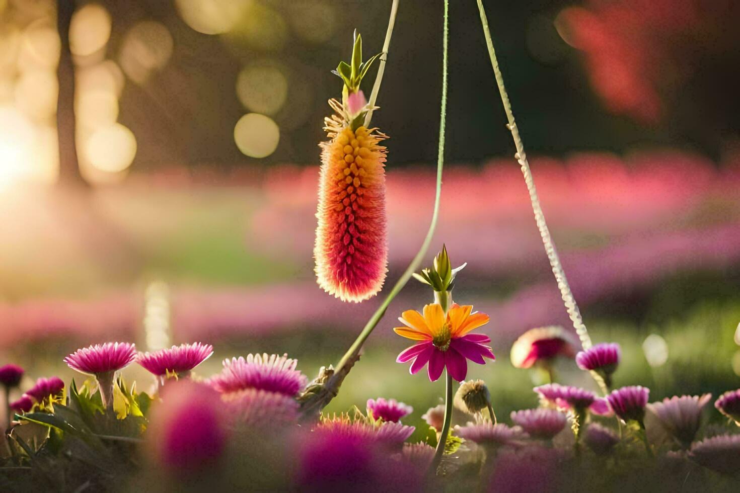 une rose fleur est pendaison de une chaîne dans une champ. généré par ai photo