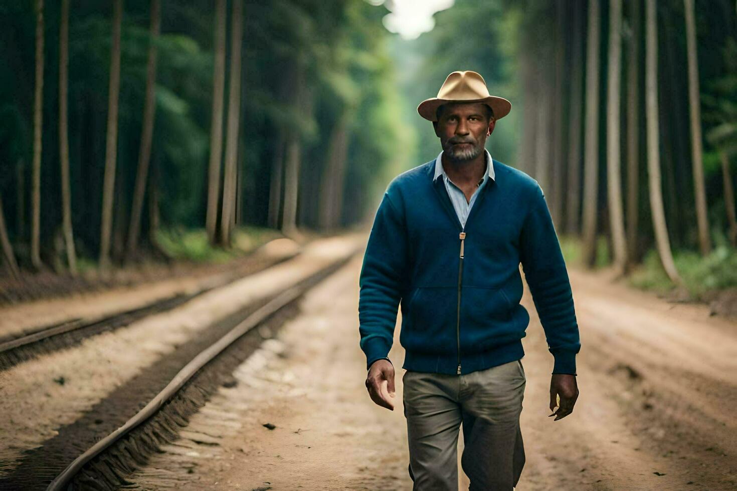 une homme dans une chapeau et chandail en marchant sur une saleté route. généré par ai photo