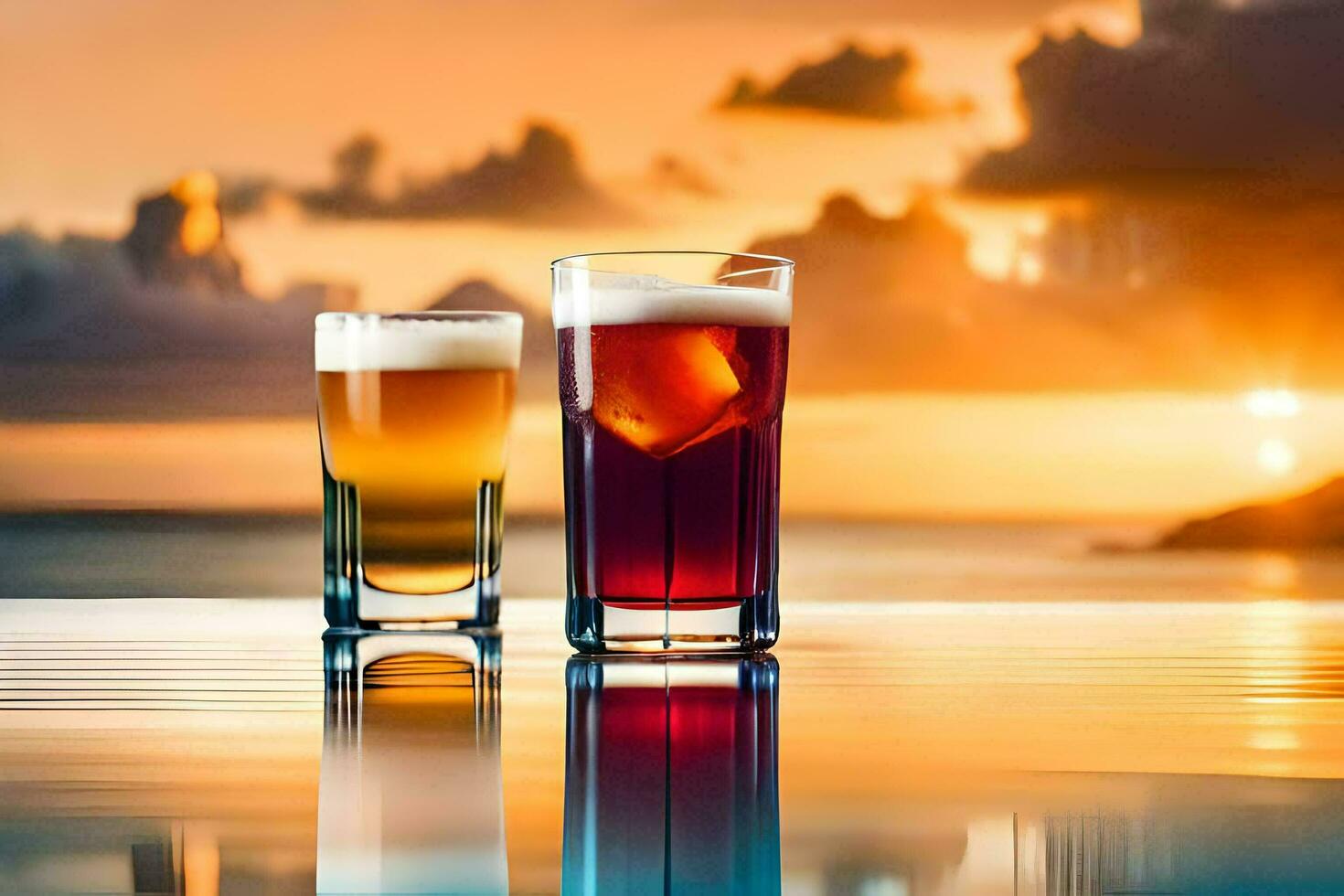 deux des lunettes de Bière sur le plage à le coucher du soleil. généré par ai photo