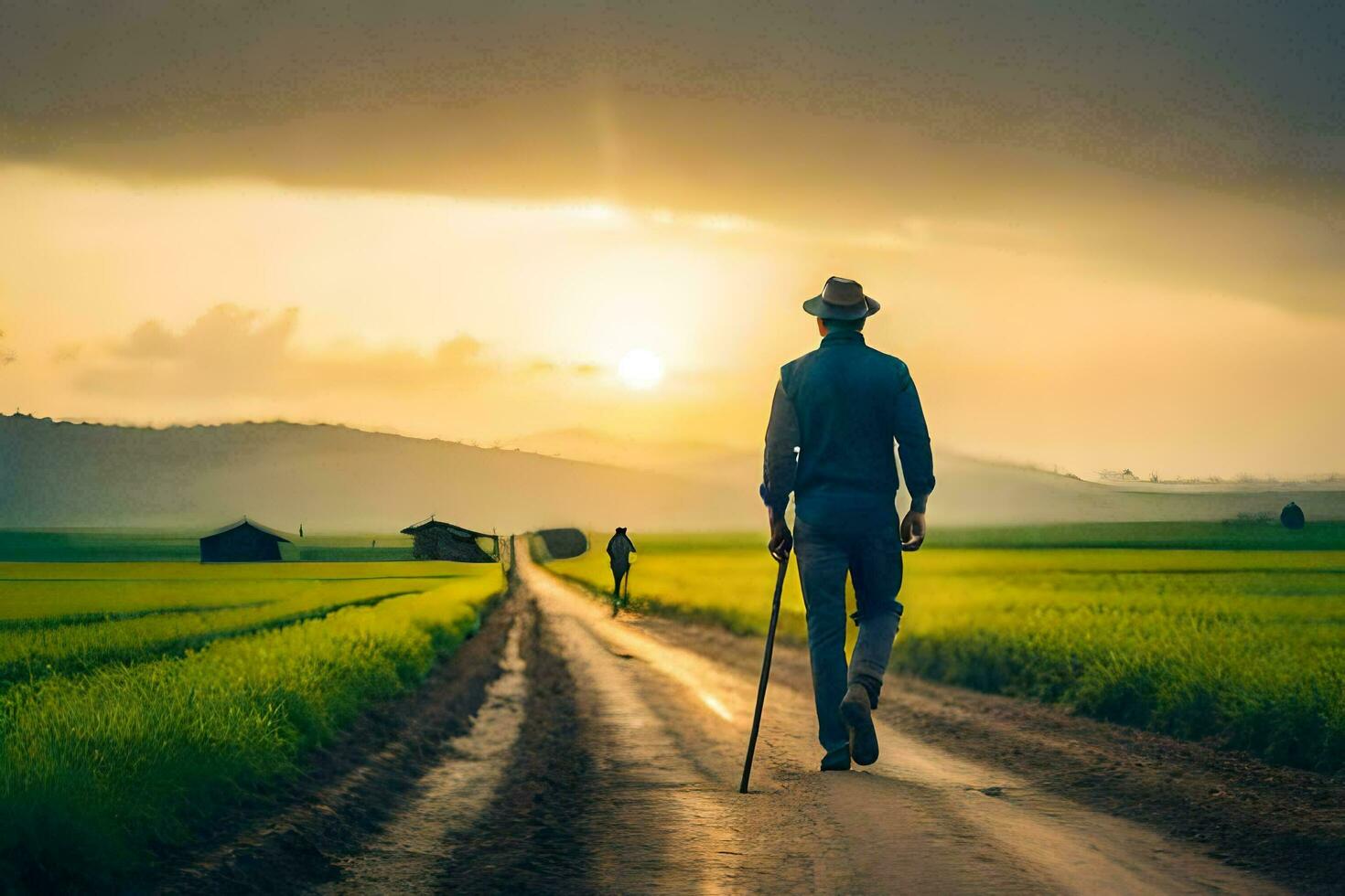 une homme en marchant vers le bas une saleté route dans une champ. généré par ai photo