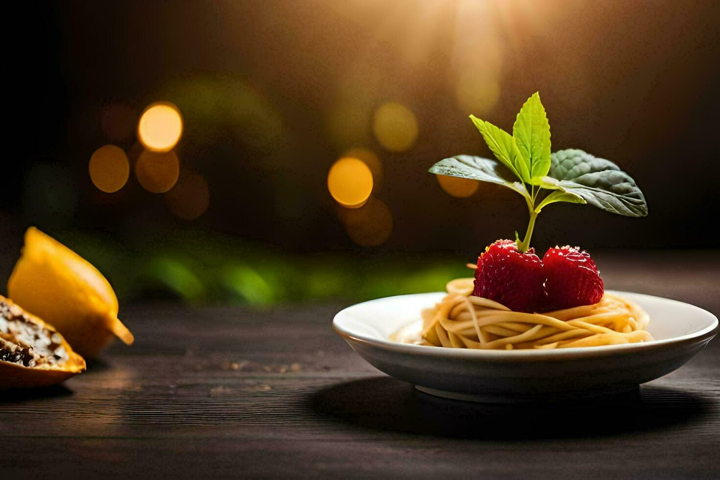 spaghetti avec framboises sur une plaque. généré par ai photo