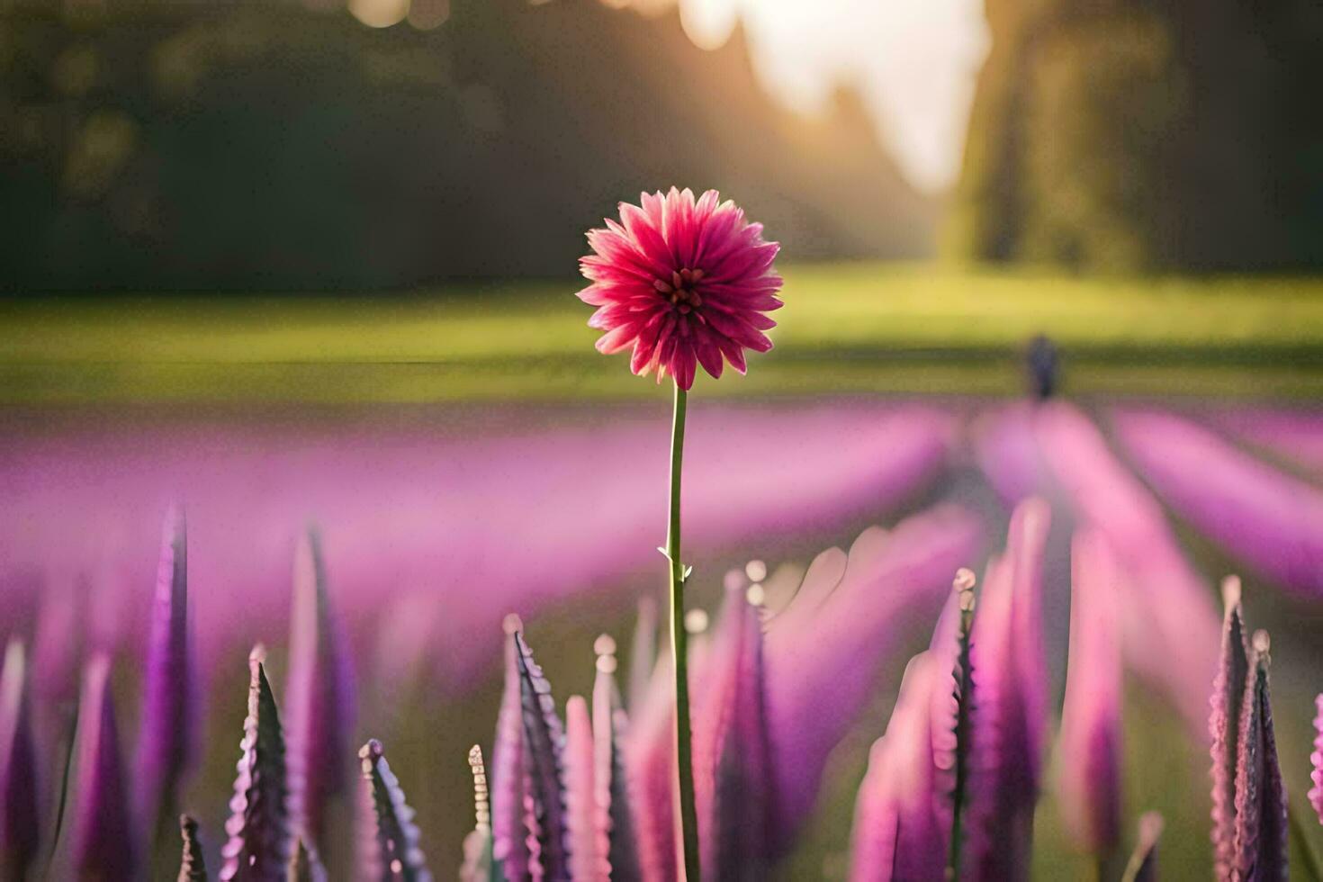 une Célibataire fleur des stands en dehors dans le milieu de une champ. généré par ai photo