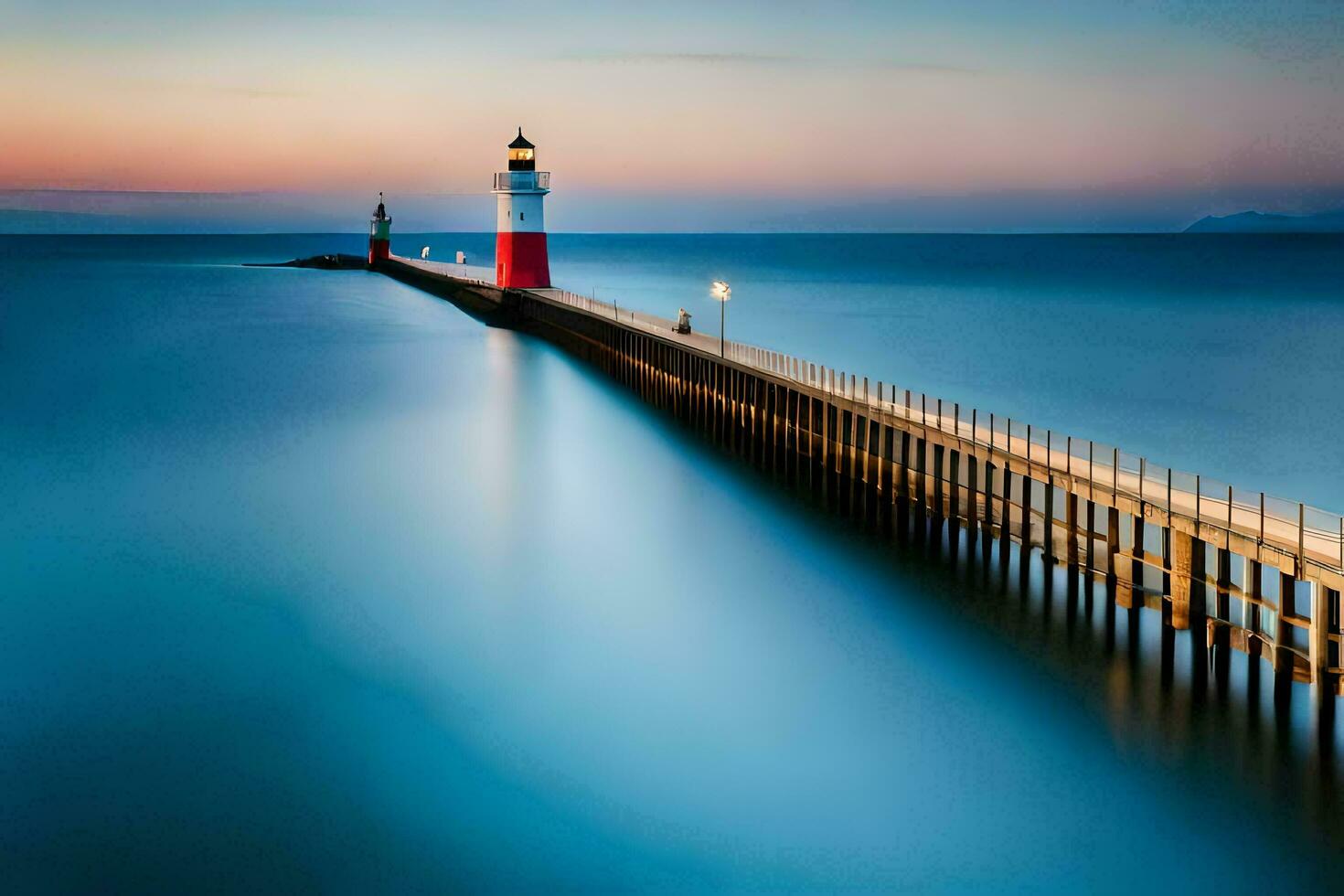 une longue exposition photographier de une phare sur une jetée. généré par ai photo